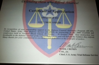 Attorney Smith Certificate of Appreciation from Commander of US Army Trial Defense for teaching class on False Confessions